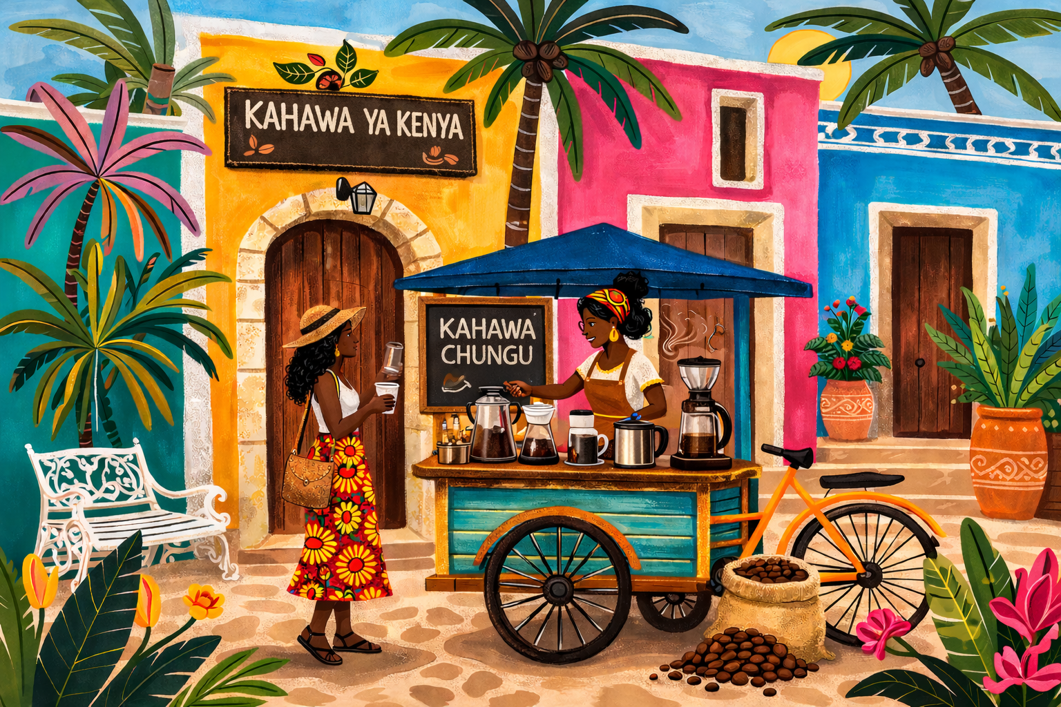Kahawa Conversations — vibrant Nairobi street coffee gathering illustration