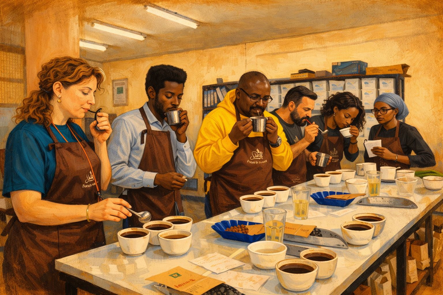 Coffee cupping setup with bowls and spoons