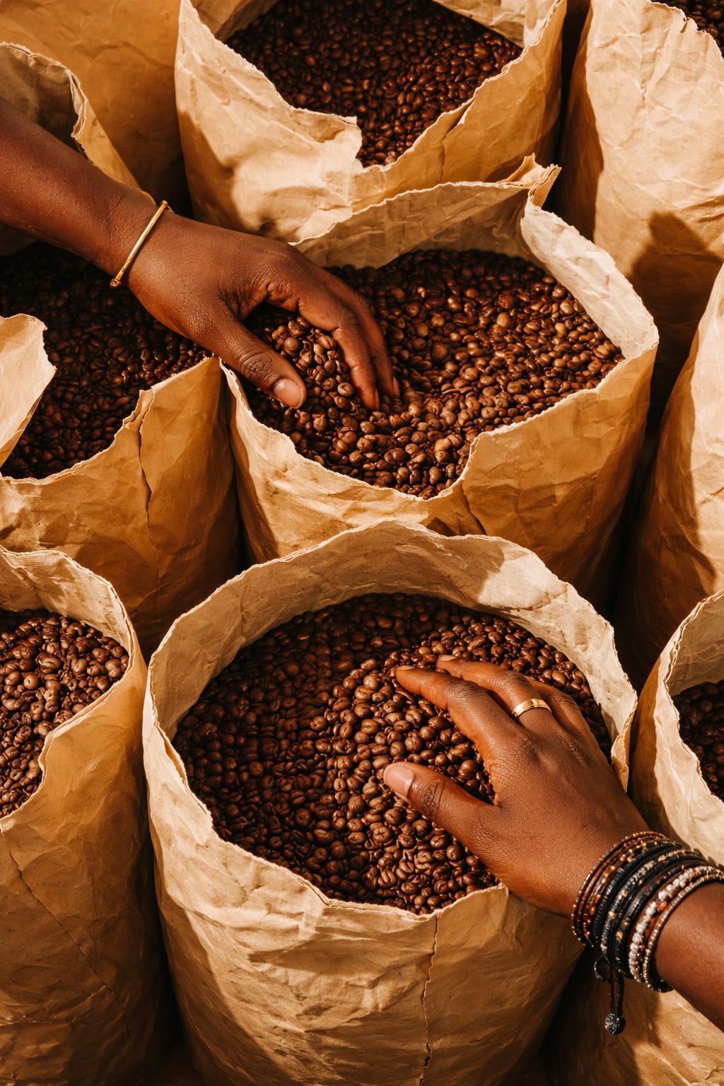 Farmer holding ripe coffee cherries at harvest